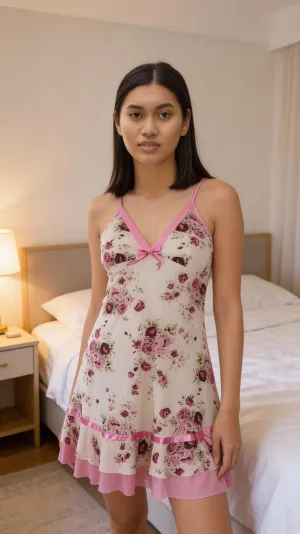 Cream & Pink color Bedroom Wear - Floral Baby Doll Set - Ruffle Hem Nightgown with Matching Panty - Soft Malai Fabric - Fits up to XL