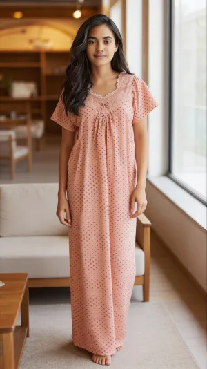 Peach color Nightwear - Premium hosiery night gown with lace detailing around the collar