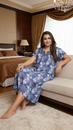 Blue color Nightwear - Premium Hosiery Night Gown with Floral Elegance