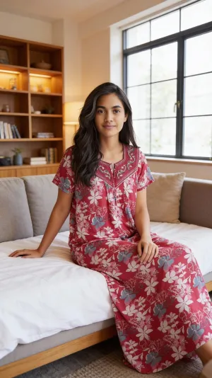 Red color Nightwear - Premium Hosiery Night Gown with Floral Elegance